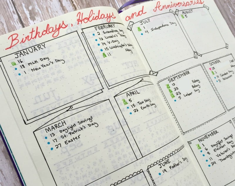 Bullet Journal birthdays and Holidays spread | page flutter. com | Tracking birthdays and holidays in the bullet journal is a breeze! Take a peek at how this system simplifies and condenses your life