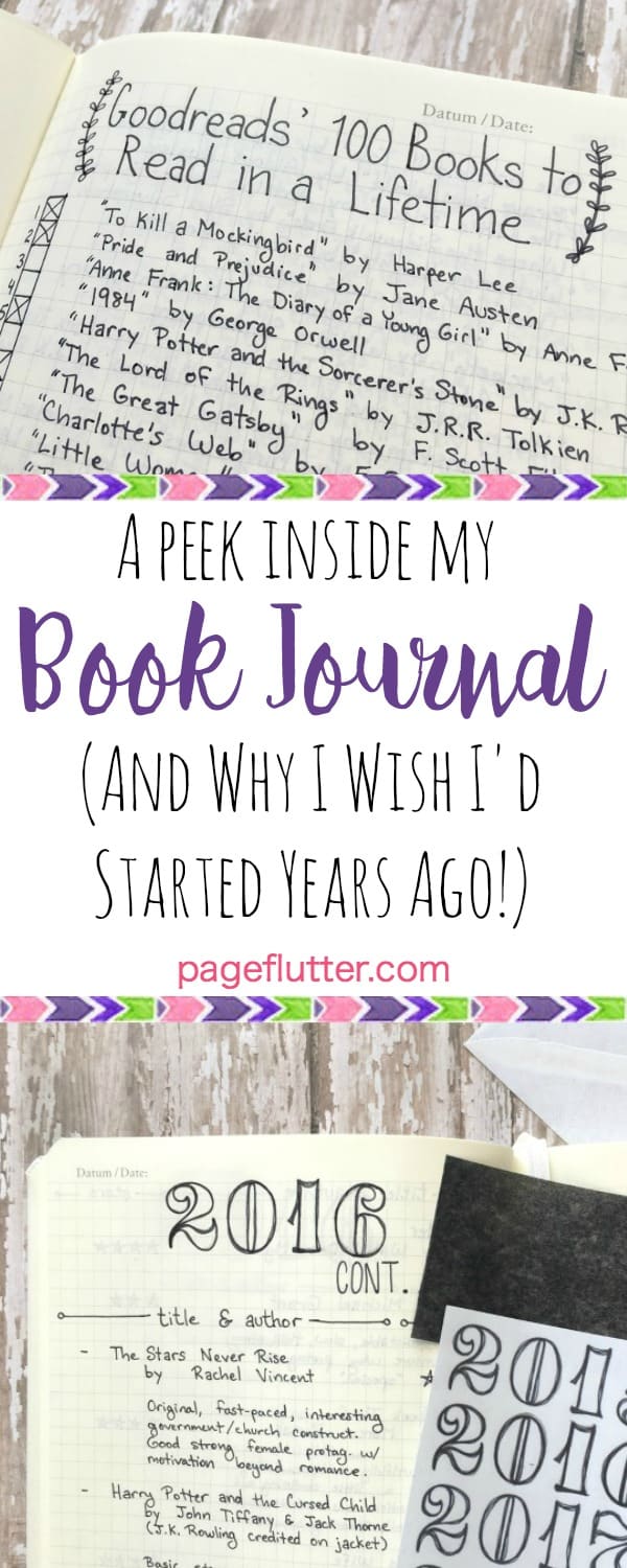 A Pinnable Image showing examples of a book journal and the text "A Peek Inside my Book Journal and Why I Wish I'd Started Years Ago"