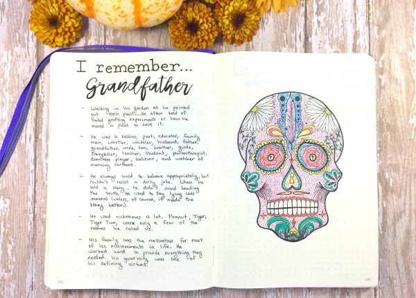 Remembrance spread and Day of the Dead sugar skull printable for your bullet journal.
