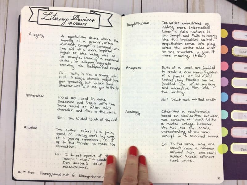 A page from my writing journal: Literary Device Glossary |pageflutter.com