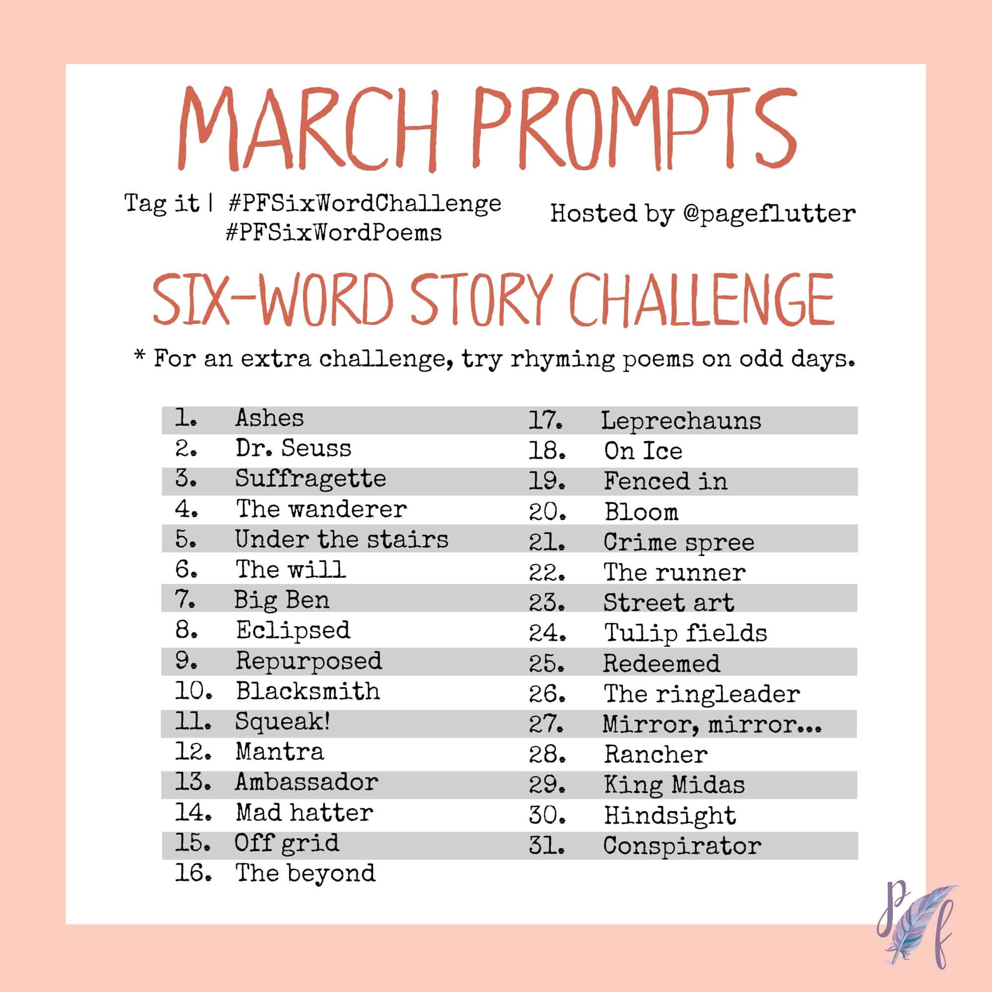 March Challenge Prompts (2017): Daily 6-Word Story Challenge | Page Flutter