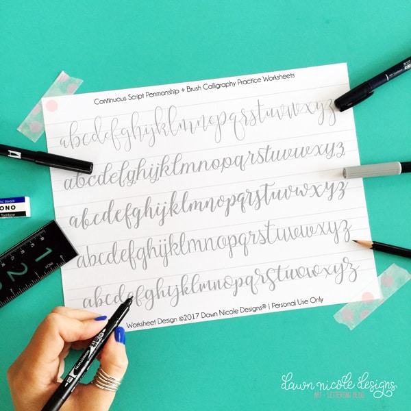 Continuous Script Penmanship Practice Worksheets.Â Develop your BUJO penmanship and brush calligraphy skills with these free practice worksheets!