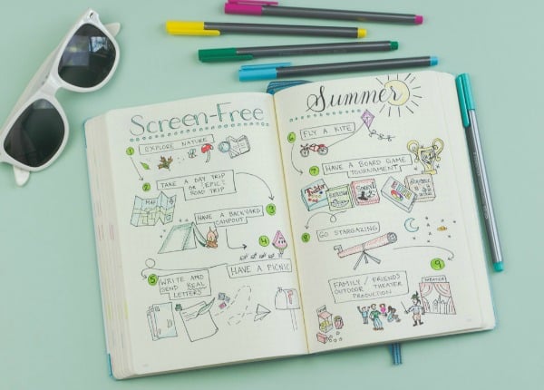 Screen-free summer activities for kids and grownups + My Bullet Journal spread.