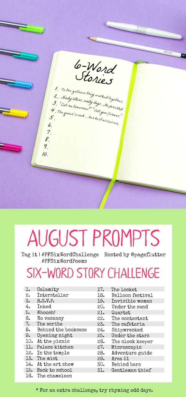 Take the August six-word story challenge. Great for hand lettering practice and creative journaling.