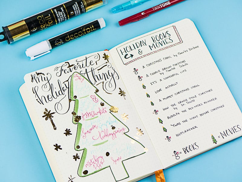 Sparkly Christmas Journal Pages. Fun #lettering and deco foil make a festive #journal favorites, Christmas books, and movie list. #bujo #christmaslist