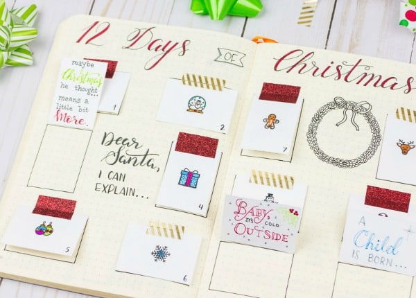 Fun Christmas page for holiday journaling, memory keeping. Hand lettered quotes for 12 Days of Christmas, DIY Advent Calendar. #journaling #memorykeeping