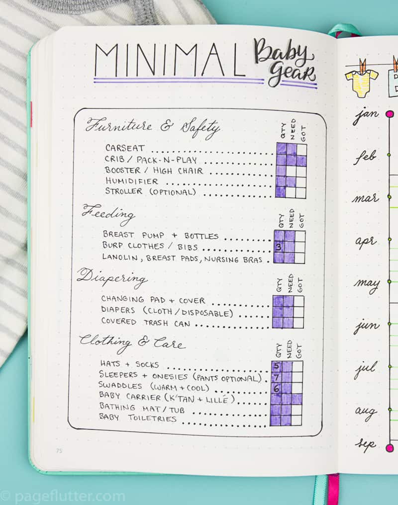 My pregnancy Bullet Journal trackers have places for bump photos, a pregnancy health tracker, minimal baby gear list, and a baby prep timeline! |pageflutter.comncy journal trackers have places for bump photos, a pregnancy health tracker, minimal baby gear list, and a baby prep timeline!