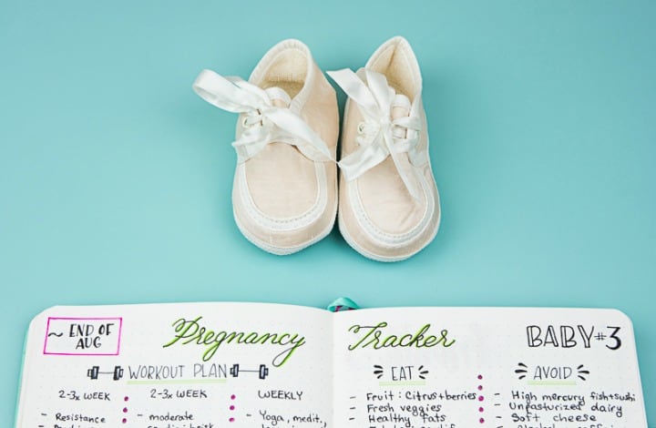 My pregnancy Bullet Journal trackers have places for bump photos, a pregnancy health tracker, minimal baby gear list, and a baby prep timeline! |pageflutter.comncy journal trackers have places for bump photos, a pregnancy health tracker, minimal baby gear list, and a baby prep timeline!