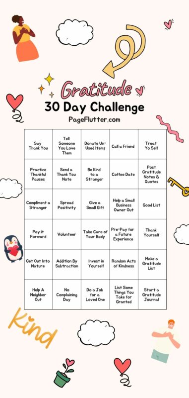30 day gratitude challenge pinterest pin that lists 30 days of tasks related to practicing gratitude