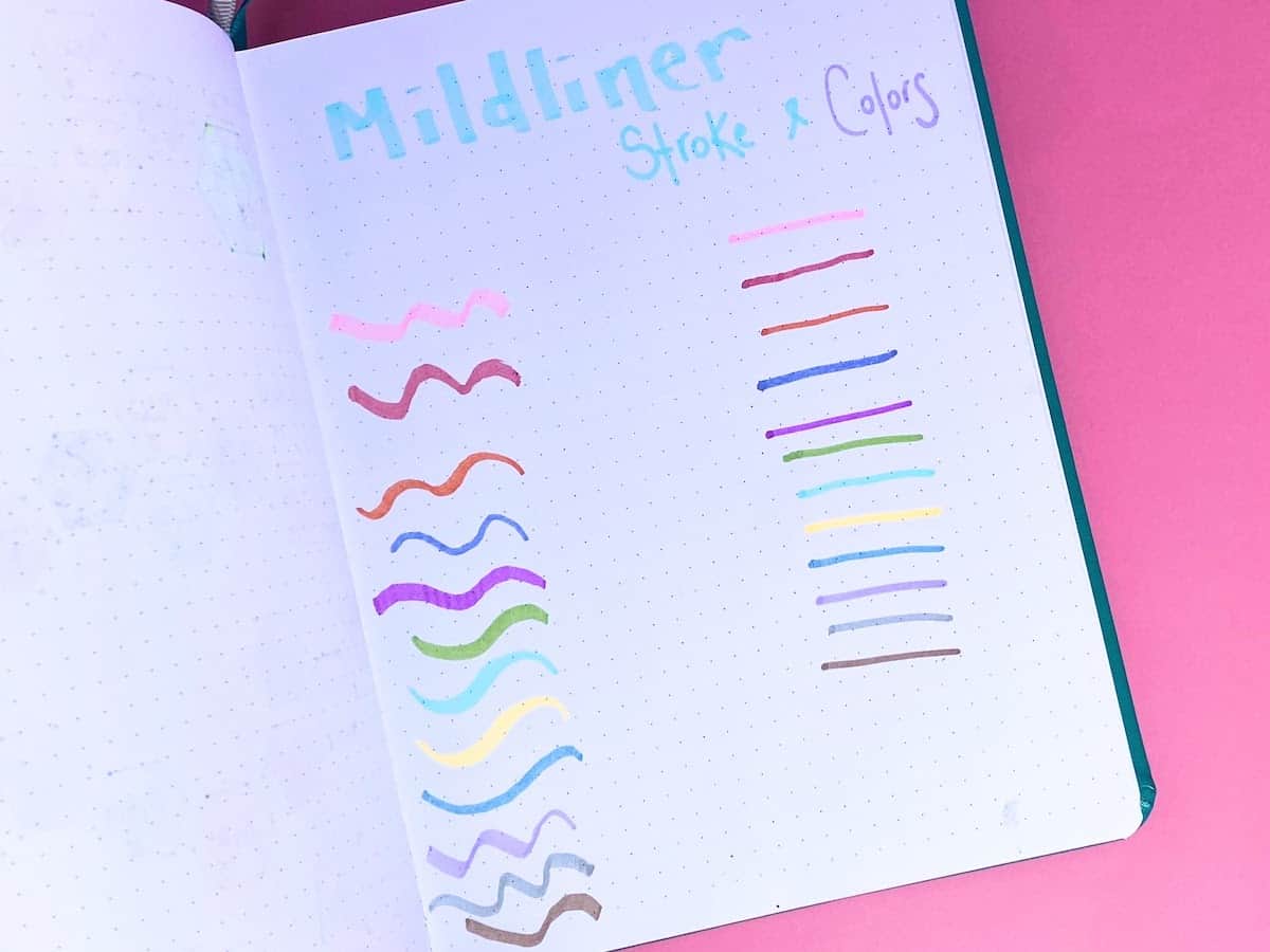 A page in a journal showing zebra mildliner strokes and color choices