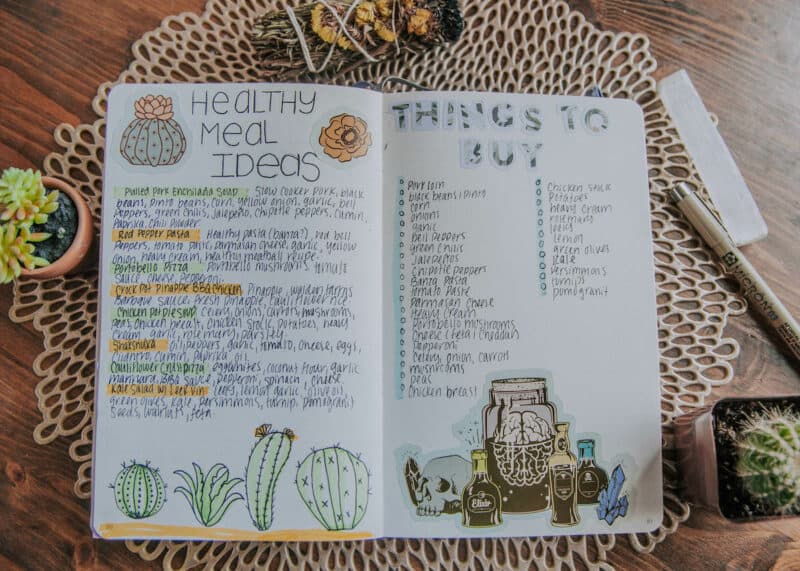 Colorful Planner or Bullet Journal Spread with Ideas for Healthy Meals and a Shopping List for Healthy Cooking to Promote Habit Change