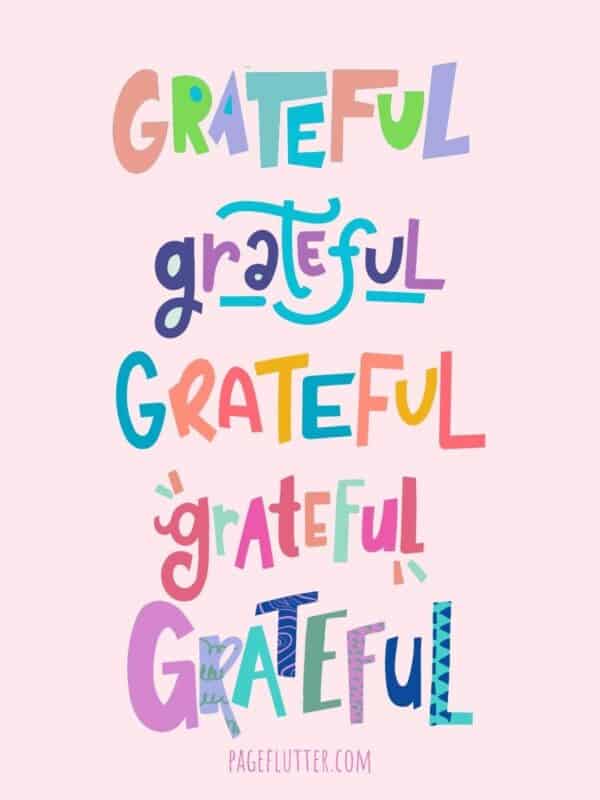 A postcard with a pink background and the word grateful stacked 5 times vertically and written in different artistic letters