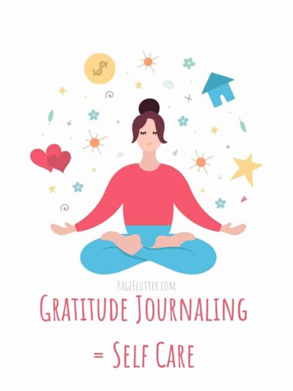 illustrated series containing gratitude journal ideas and prompts. Illustration of a woman meditating with icons related to love, home and money around her. Text says "Gratitude Journaling = Self Care""