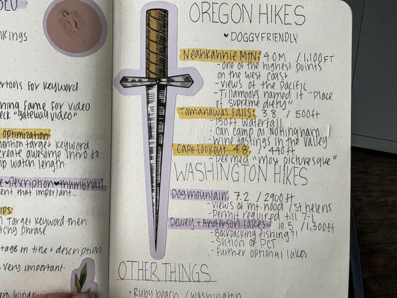 Journal spread showing hikes to do that are dog friendly in Oregon and Washington states