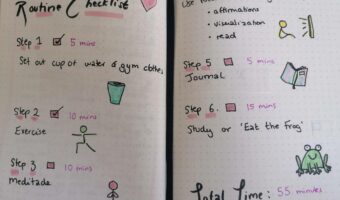 journal spread showing a morning routine checklist incorporating different morning routine activities such as study and meditate