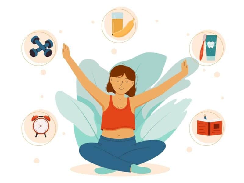 An illustration of a woman meditating with idea bubbles around her about different morning routine ideas