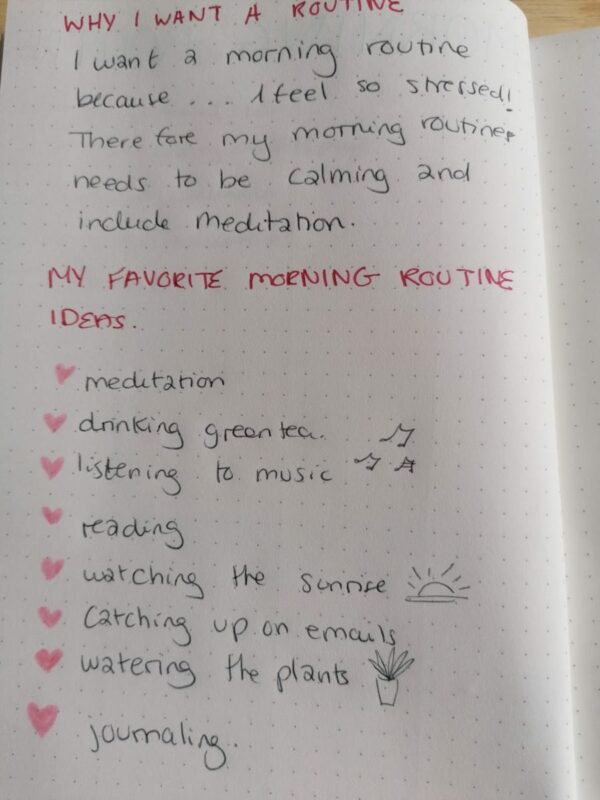 A list of morning routine ideas written out in a journal