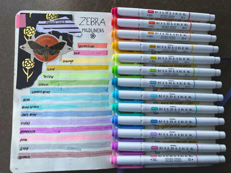 zebra mildliner highlighters lined up next to a spread showing how the colors look on paper as part of a zebra mildliner review post