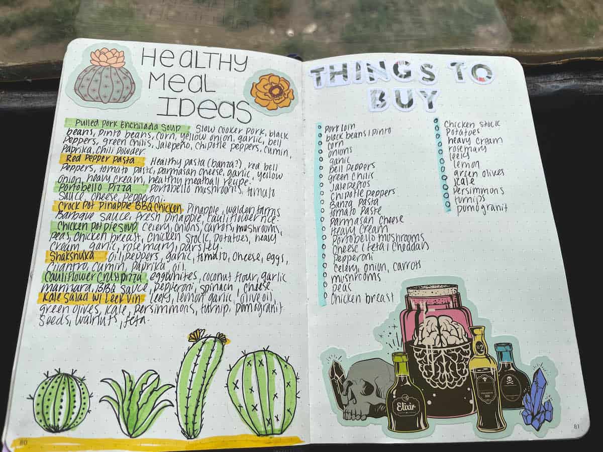 colorful journal spread using zebra mildliner highlighters to decorate