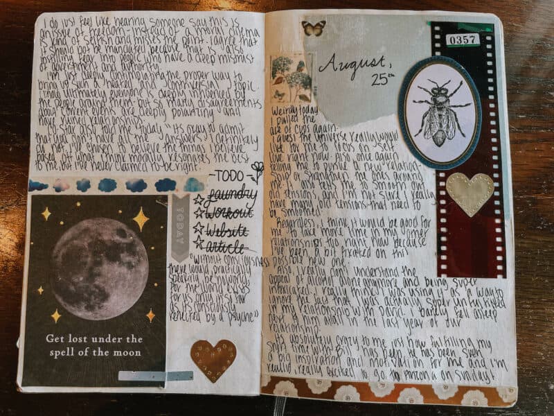 A creative journal spread showing writing, washi tape, and other embellishments