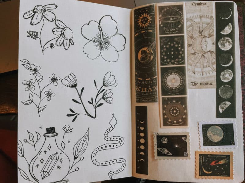 journal page of flower doodles on one side, and cut-out lunar and solar images on the other