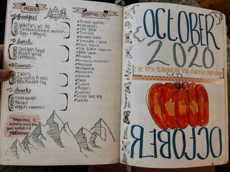 journal spread showing nutrition tracking and october monthly cover page