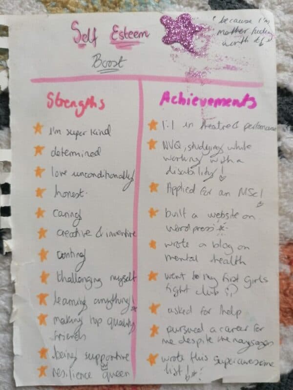 a list of strengths and achievements on a piece of paper