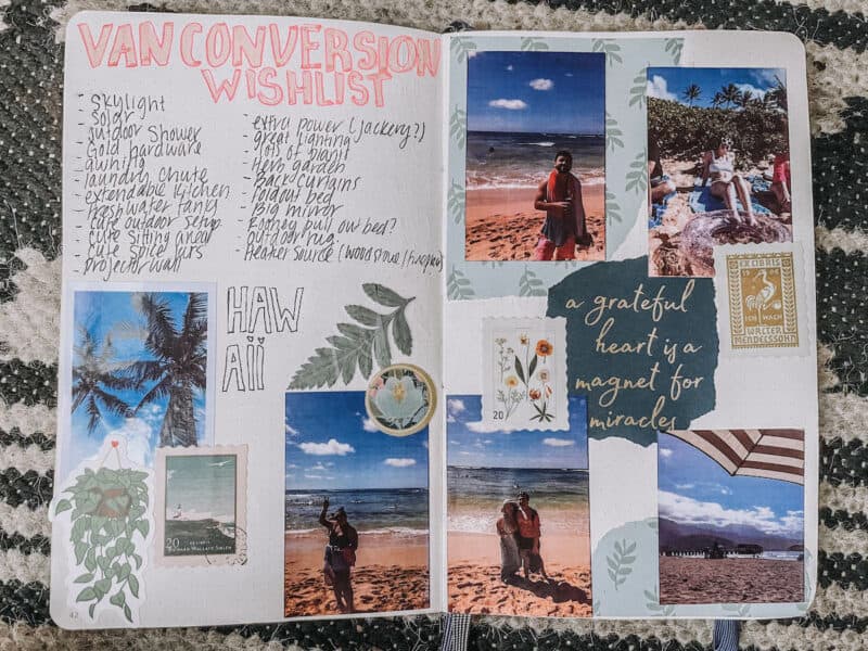 A bullet journal spread listing wish list items for a van conversion before setting out on VanLife.