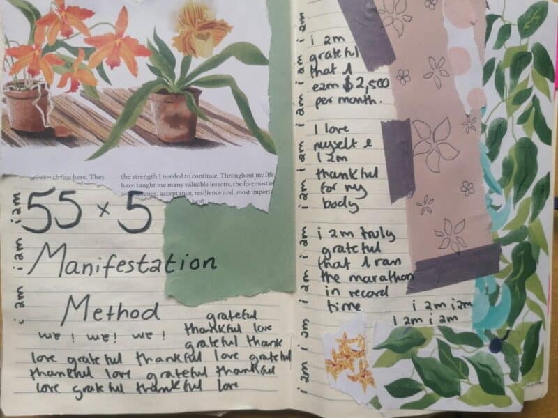 A journal page with positive affirmations and art as well as the headline 55x5 manifestation method