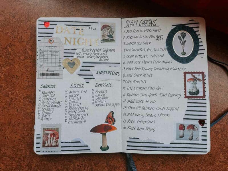 A cute bullet journal spread to host an online cooking date with someone far away, showing ingredients and instructions