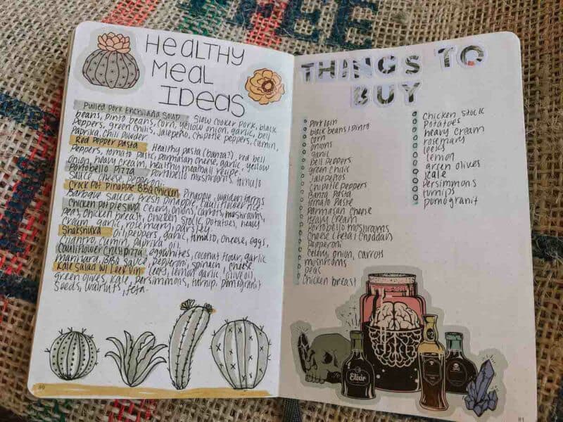 a food journal spread listing healthy meal ideas with cute doodles of flowers and cacti