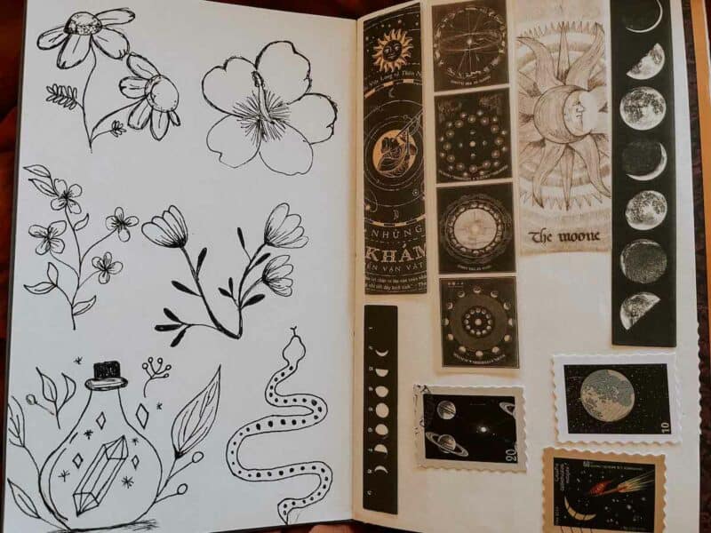 Flower doodles in a journal spread with cut and paste moon cycle images on the other side