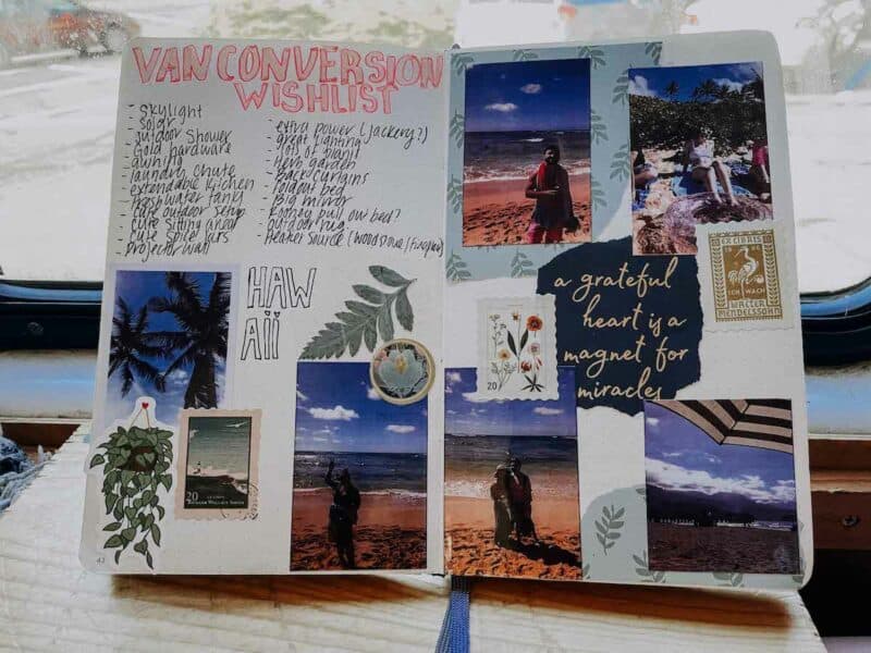 Journal spread with text that says Van Conversion Wishlist along with collage items depicting travel and van life