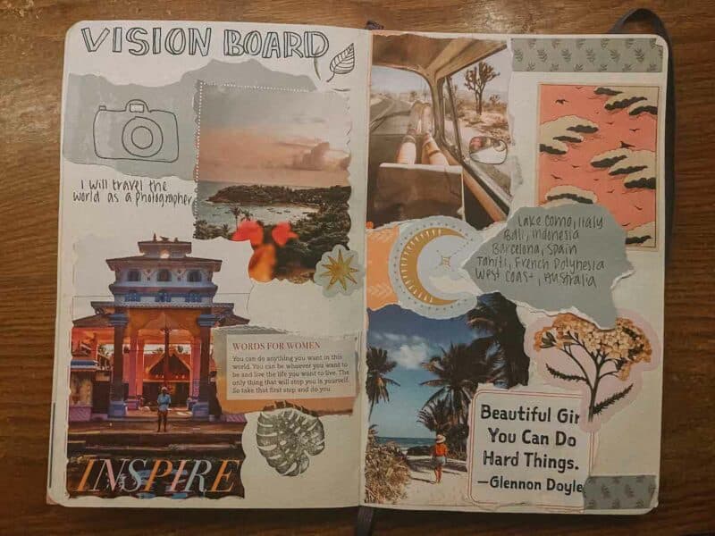 vision board spread in a travel bullet journal showing inspiration for an upcoming vacation or holiday
