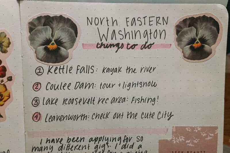 A list of things to do in North Eastern Washington as part of a travel bullet journal for planning